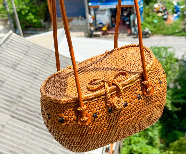 バリ島ハンドメイドラタンバッグ/本革ハンドル】レディース バリ島ハンドメイドラタンバッグ/本革ハンドル】レディース