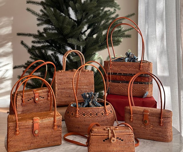 バリ島ハンドメイドラタンバッグ/本革ハンドル】レディース