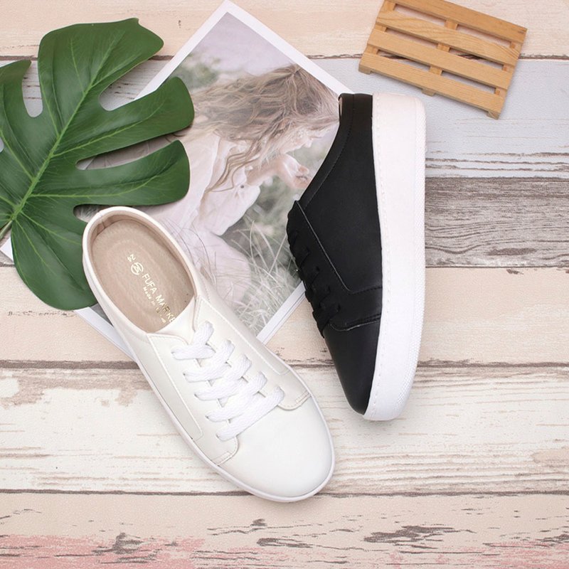 Daily Plain Lace-Up Mules - Black/White 1BC89 - รองเท้าลำลองผู้หญิง - หนังเทียม ขาว