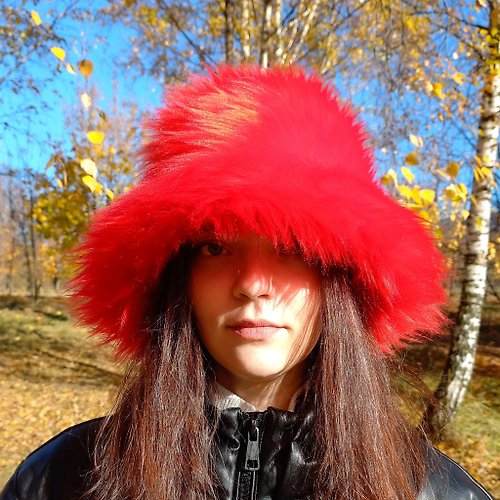 ALLApparelArt Red faux fur bucket hat. Festival fuzzy neon hat. Rave hat. Bright shaggy hat.