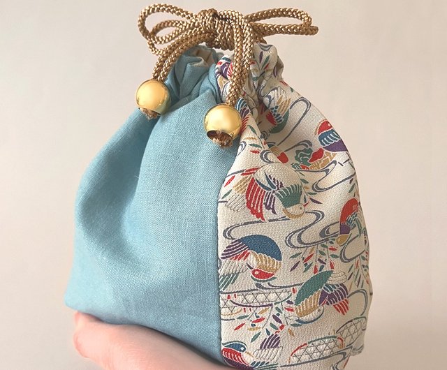 Drawstring Bag with Japanese pattern, Kimono and linen