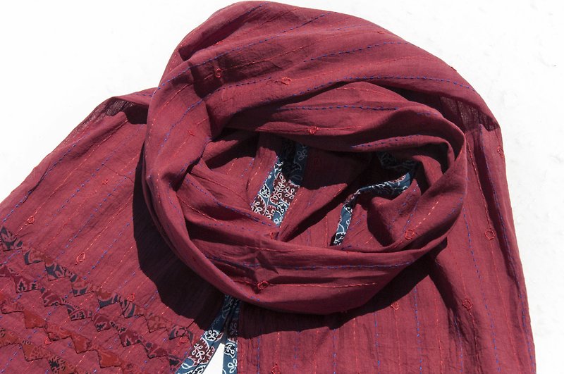Hand-stitched pure cotton silk scarf / pure cotton embroidered scarf / India organic cotton embroidered silk scarf-desert style woodcut printing - ผ้าพันคอถัก - ผ้าฝ้าย/ผ้าลินิน หลากหลายสี