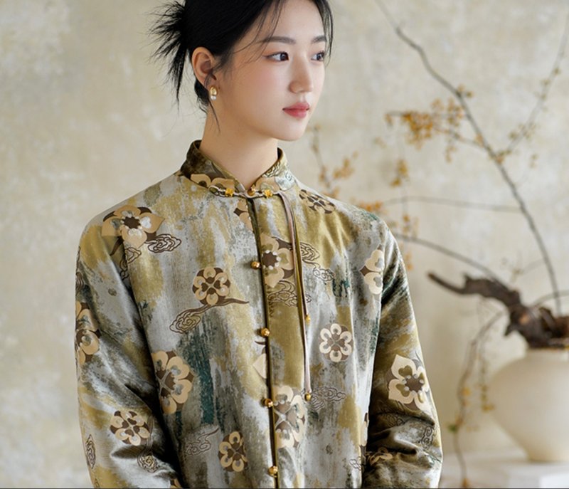 新中式復古中國風 高貴大氣絲絨棉服上衣 - 女上衣/長袖上衣 - 絲．絹 綠色