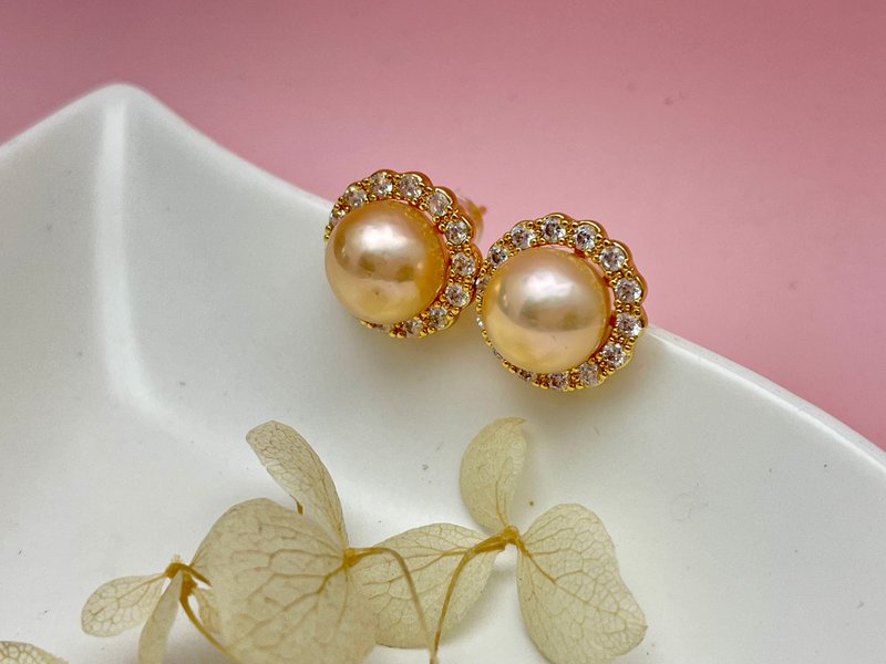 Sunflower natural freshwater pearl orange pearl S925 silver ear needle earrings - ต่างหู - ไข่มุก สีส้ม