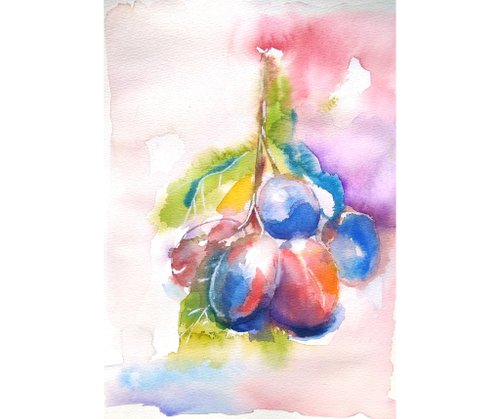 プラムのオリジナル水彩画、静物画、フルーツの壁アート、手工水彩画