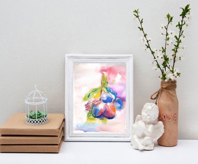 プラムのオリジナル水彩画、静物画、フルーツの壁アート、手工水彩画