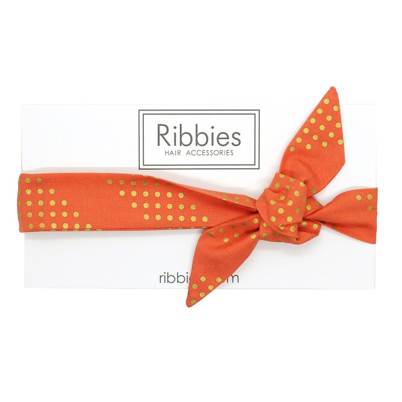 英國Ribbies 兒童蝴蝶結髮帶-珊瑚紅金點點 - 髮夾/髮圈 - 棉．麻 