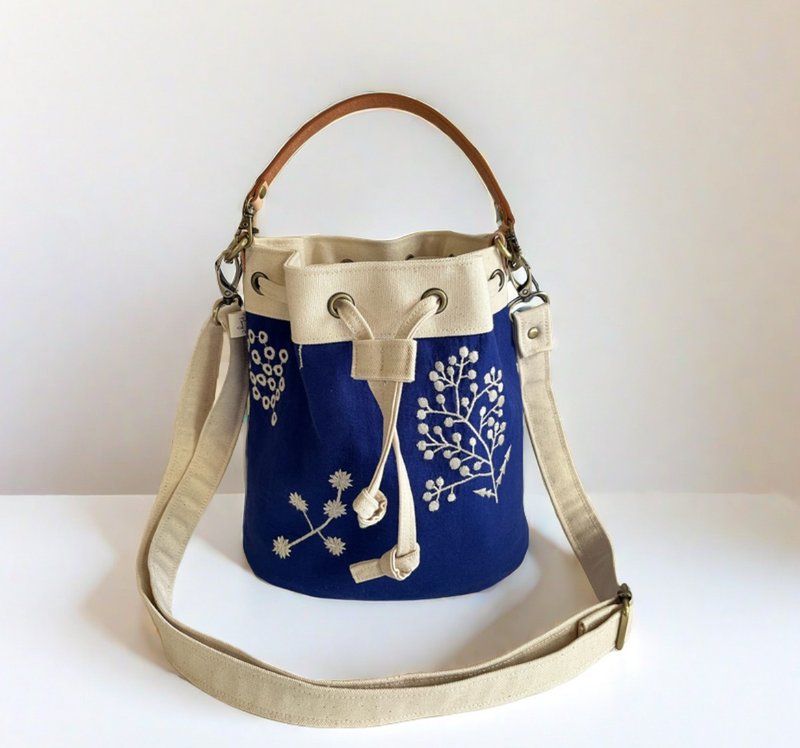 Japanese embroidered fabric hand-held cross-body bucket bag - Drawstring Bags - Cotton & Hemp 