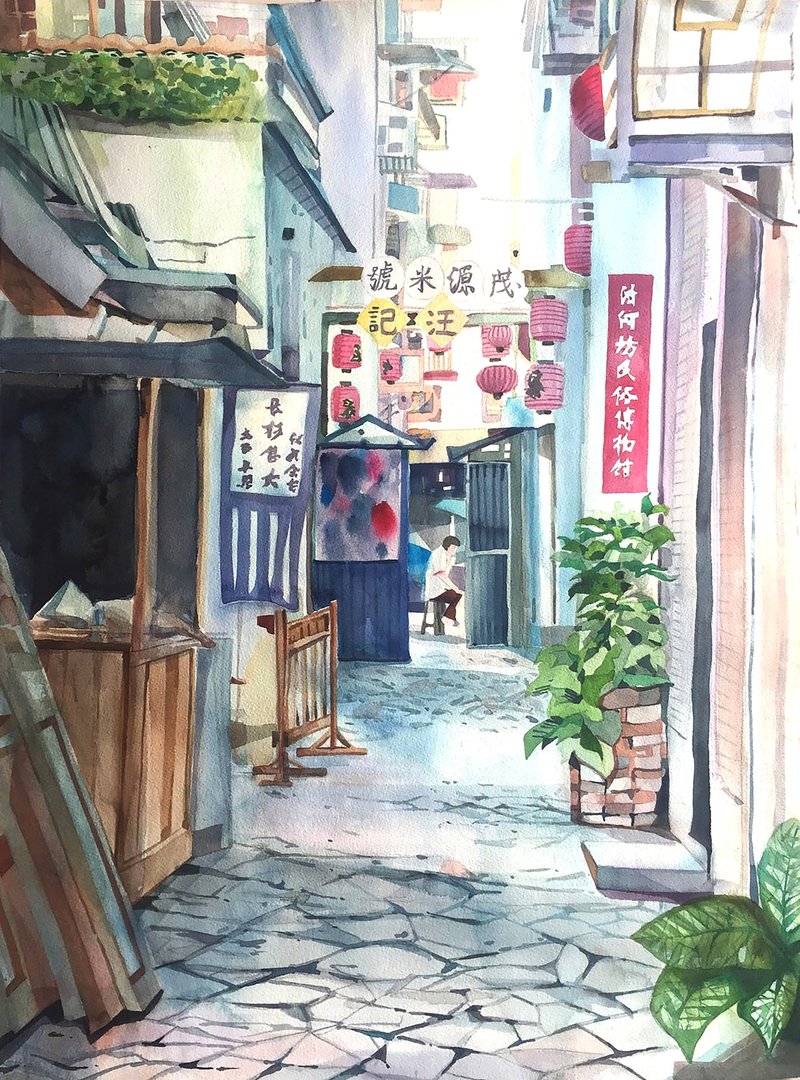 記憶中的小巷-水彩風景畫/純手繪藝術畫作/藝術掛畫/精緻居家裝飾 - 海報/掛畫/掛布 - 紙 綠色