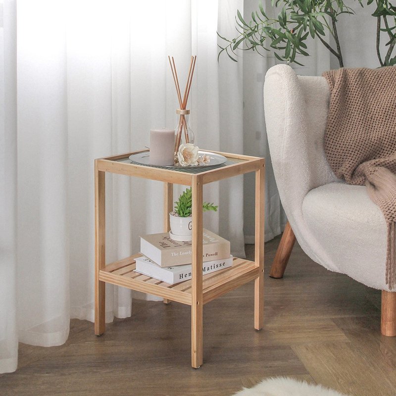 Changhong glass pine wood side table/home storage - โต๊ะอาหาร - วัสดุอื่นๆ สีกากี