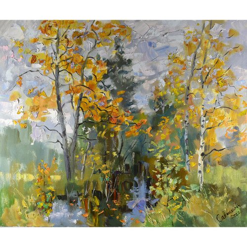 【真作】絵画　油彩15号　木洩れ日の小道　緑に包まれた風景画　印象派風　W48 真作】絵画 油彩15号 木洩れ日の小道 緑に包まれた風景画