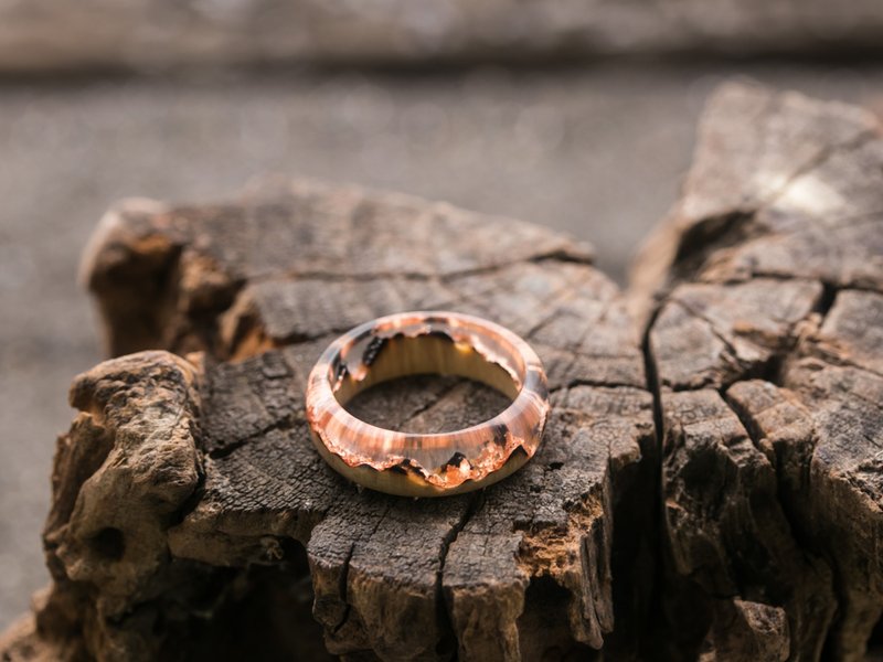 Wooden resin Ring Carbon with tiny landscapes - 戒指 - 木頭 黑色