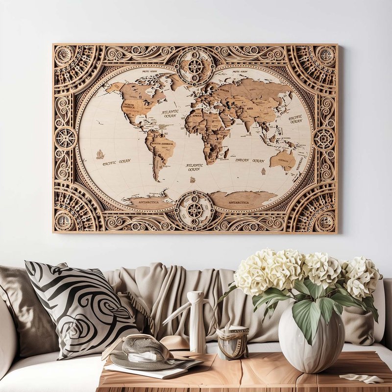 大航海時代 3D立体木彫り地図 – グローバル パノラマクラシック - ウォールデコ・壁紙 - 木製 