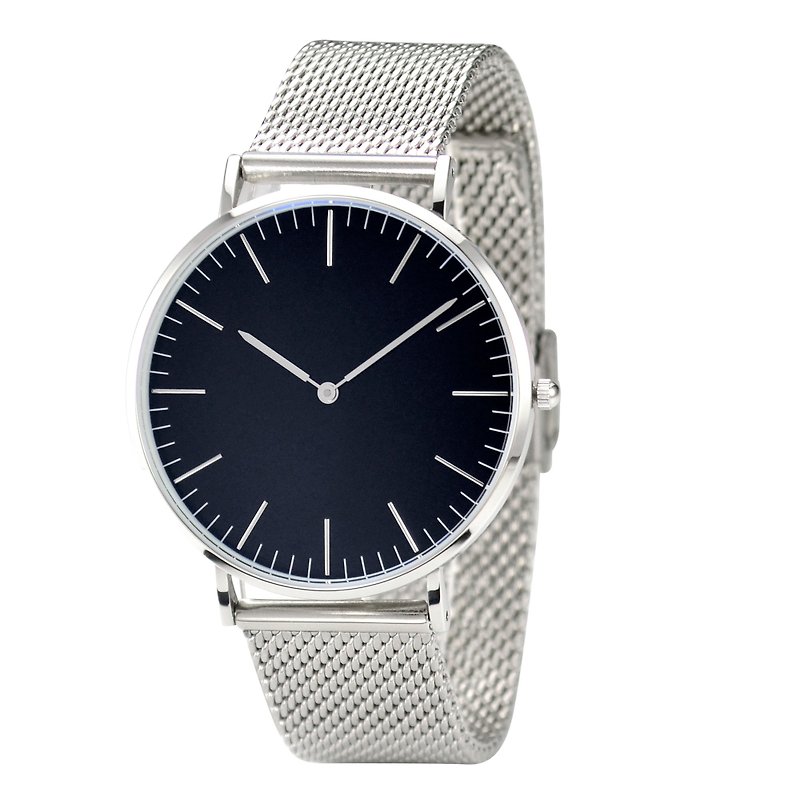 經典簡約手錶配織網鋼帶 黑面 - 全球免運 - 男裝錶/中性錶 - 不鏽鋼 銀色