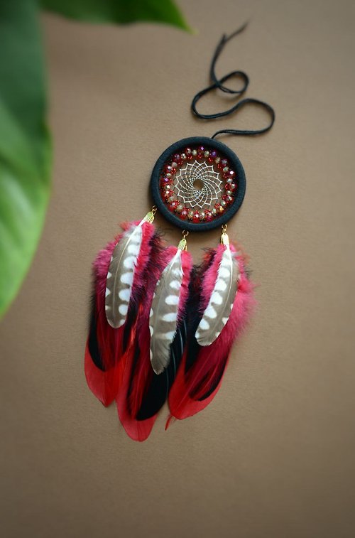 VIDADREAMS Small Red with Black beaded dream catcher, car rear view mirror hanger