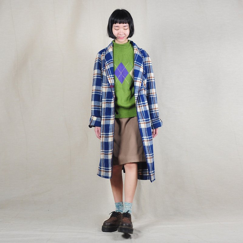 [Vintage] Green Egg Plant vacancy loofah collar gowns vintage coat - Women's Casual & Functional Jackets - Wool Blue