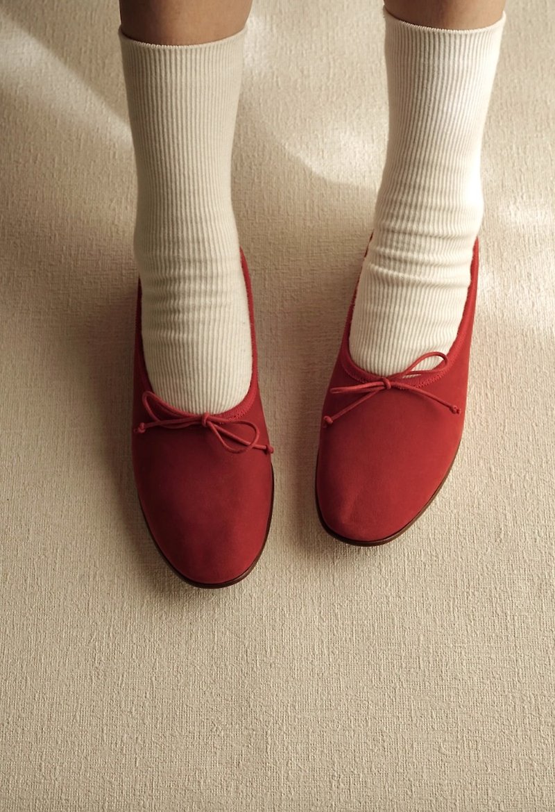 法式復古芭蕾舞鞋 一腳蹬平底單鞋 細膩絨面奶奶鞋 - 娃娃鞋/平底鞋 - 真皮 紅色