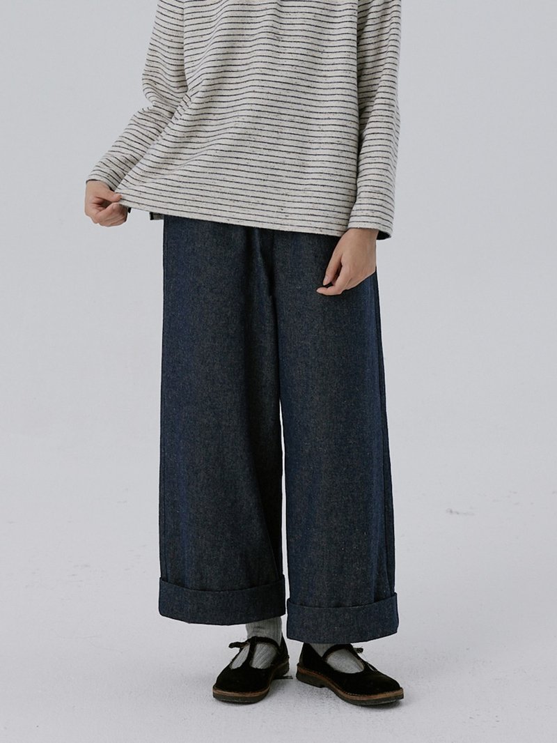 Elastic waist nine-point rolled-up Linen and linen straight jeans - กางเกงขายาว - ผ้าฝ้าย/ผ้าลินิน สีน้ำเงิน