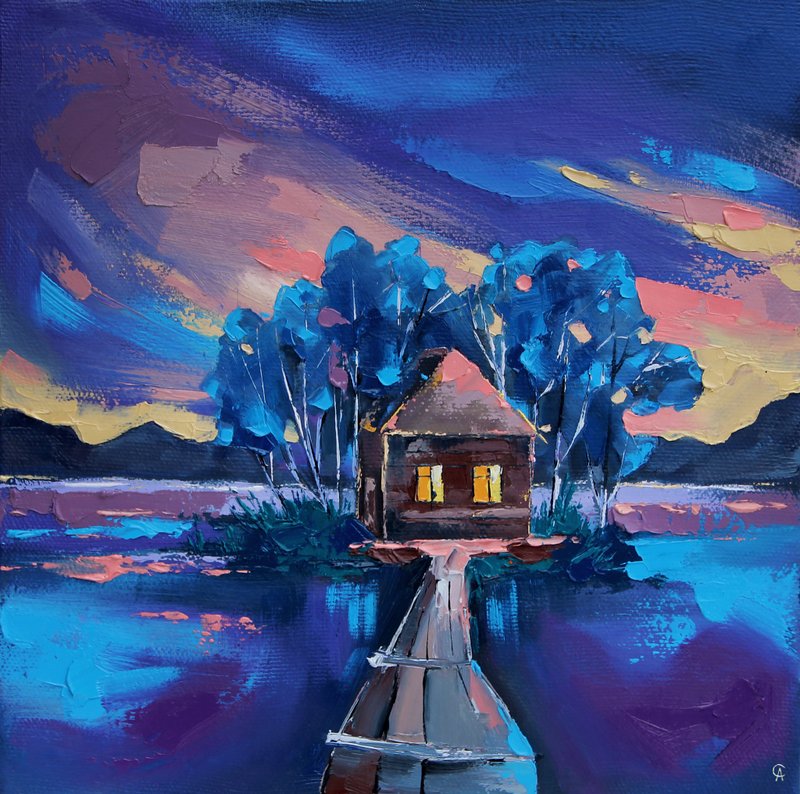 老房子油画 夜景原创艺术 孤独艺术品 30 x 30 厘米 - 海報/掛畫/掛布 - 其他材質 藍色