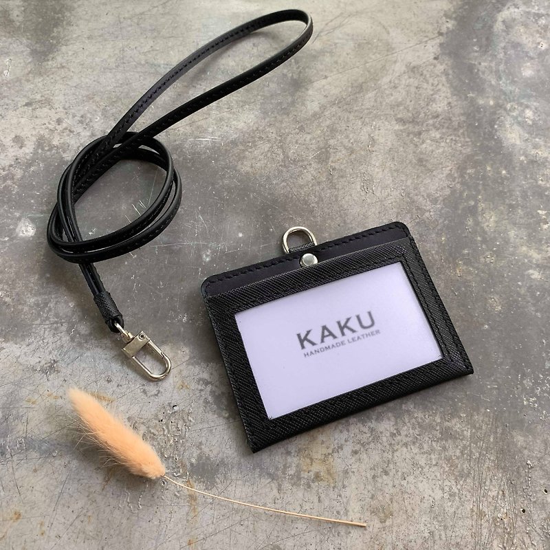 KAKU Leather Design Customized Identification Card Holder Document Holder Horizontal Black Cross Pattern - ที่ใส่บัตรคล้องคอ - หนังแท้ สีดำ