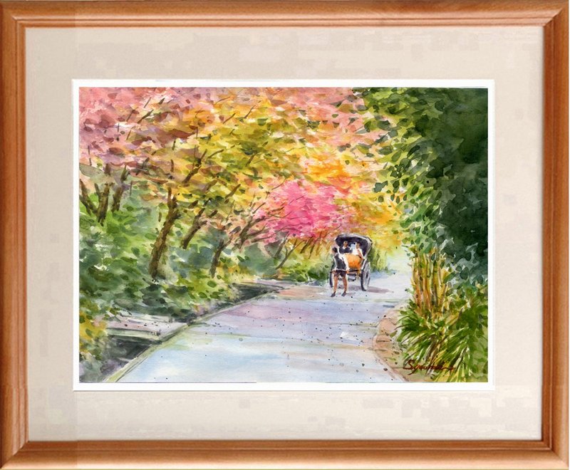 受注制作します　水彩画原画　紅葉の鎌倉 - 海報/掛畫/掛布 - 紙 紅色