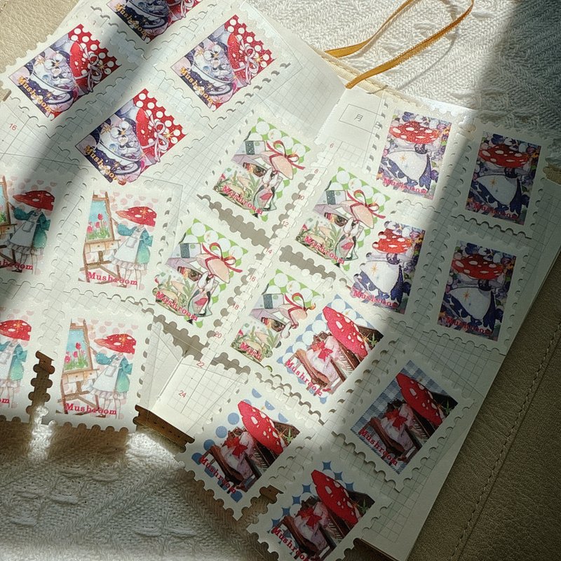 Miss Mushroom, Forest Painter, Girl with Mushroom Hat, Storybook Style, Stamp-Shaped Sticker Set - Washi Tape - Other Materials Multicolor