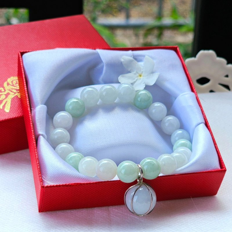 Burmese jade bead bracelet, decorated with white jade pendant, covered with real 925 Silver, natural jade Type A 9.6 mm. - 手鍊/手環 - 玉石 白色
