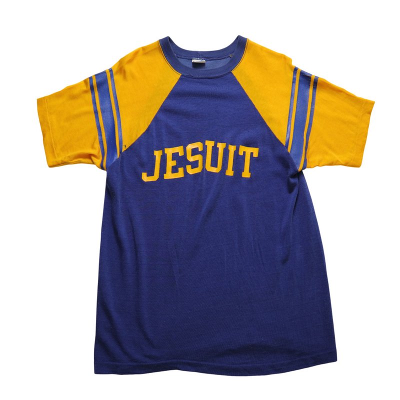 1980s 美國製 Champion JESUIT 藍黃拼接美式足球上衣 - 男 T 恤 - 其他材質 藍色