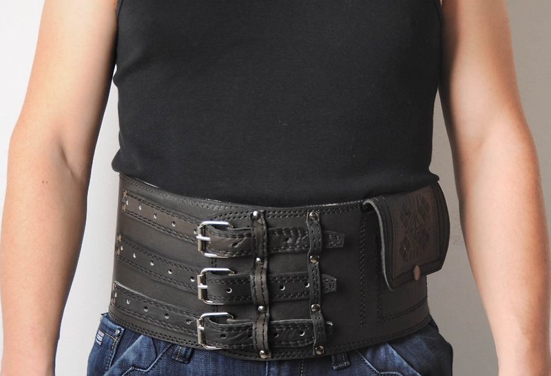 Waist leather belt viking belt wide leather belt men's corset athletic belt - 皮帶/腰帶 - 真皮 黑色