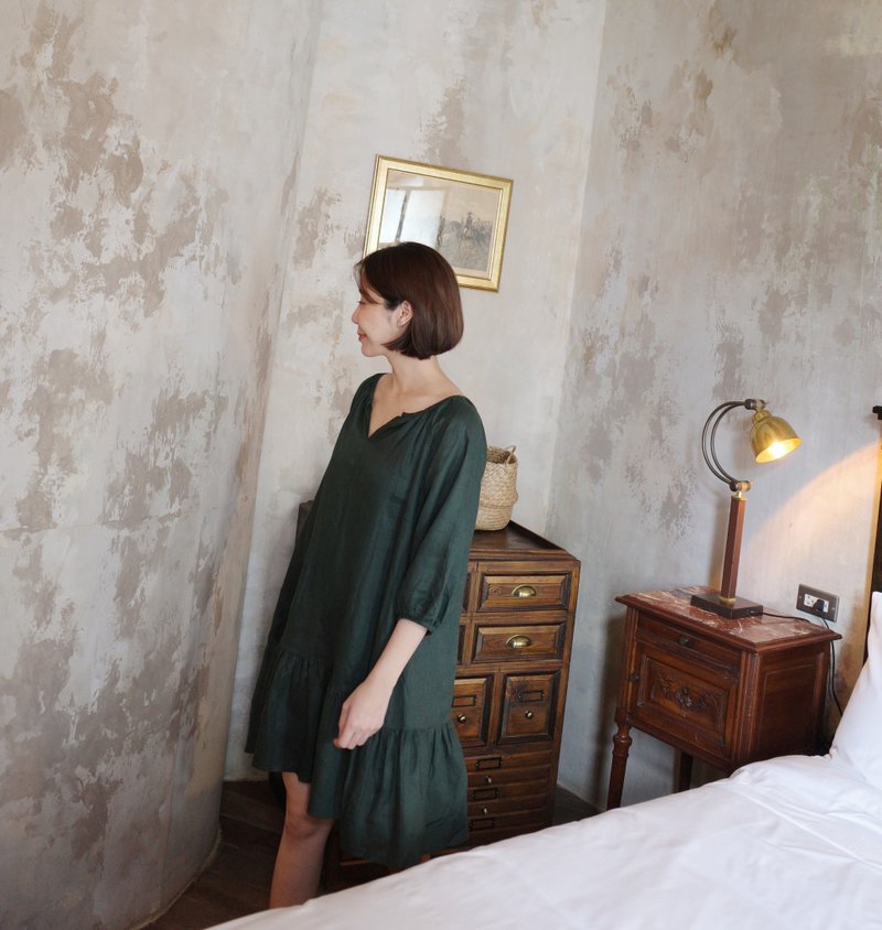 Dark green Coco linen summer dress Whiteoakfactory 裙子 亞麻連衣裙 夏天 Christmas - 洋裝/連身裙 - 棉．麻 綠色