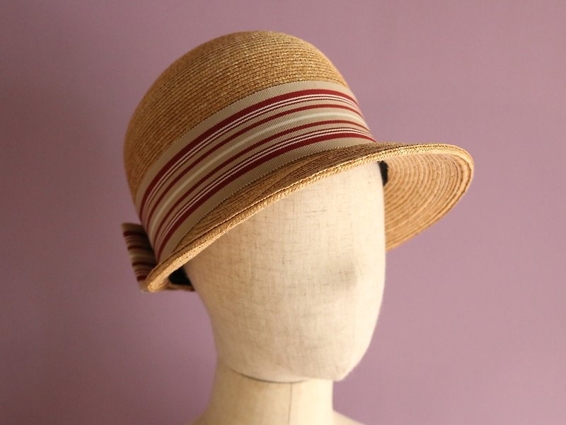 Short Brim Straw Cap "Gigi Stripe" - หมวก - วัสดุอื่นๆ สีกากี