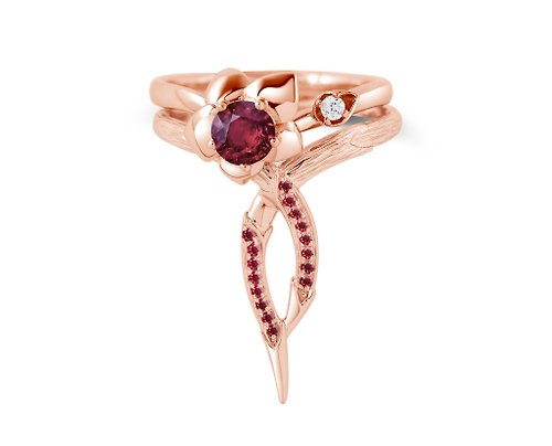 Majade Jewelry Design 紅寶石14k鑽石訂婚結婚戒指套裝 花卉玫瑰金戒組合 蘭花藤蔓戒指