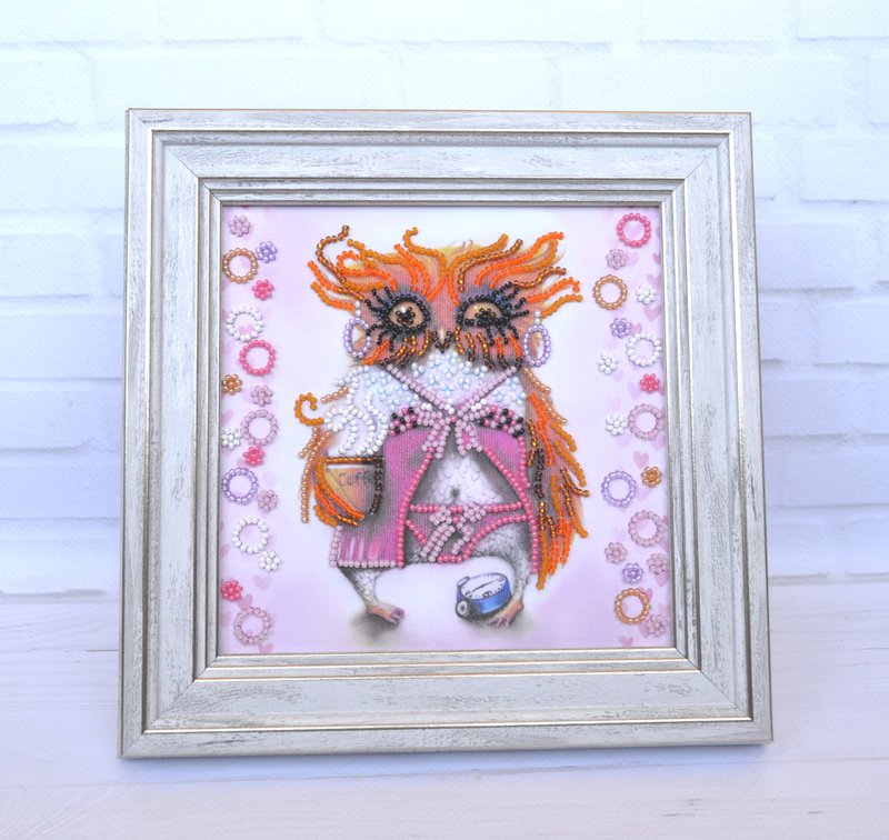 Owl & Morning coffee wall art, handmade bead embroidered framed picture - Wall Décor - Other Materials Pink