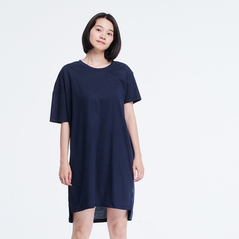 珠光棉不對稱長版TEE/深藍 - 女 T 恤 - 棉．麻 藍色