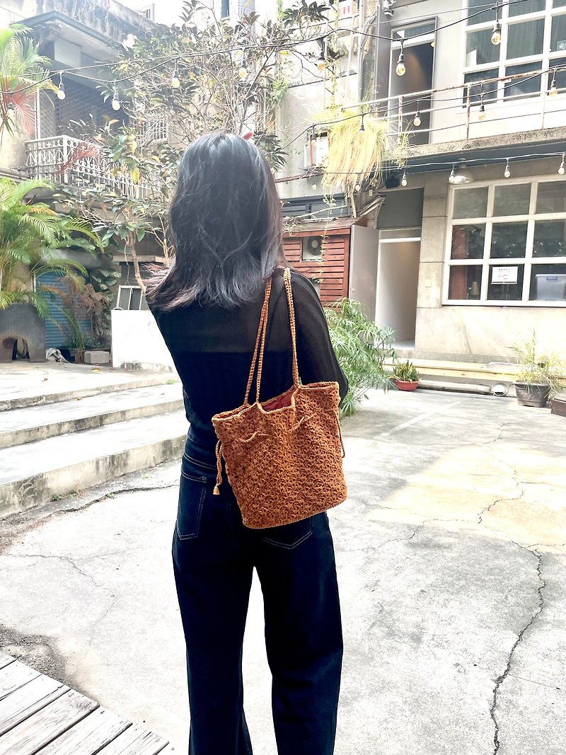 Woven bag • City walks • Caramel Brown • Shoulder carry • Tote and drawstring 2 uses - Messenger Bags & Sling Bags - Cotton & Hemp Brown