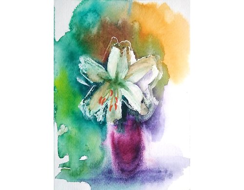 ColoredCatsArt Lily Original Watercolor Floral Bouquets Painting Flower Still Life 手工水彩 原创水彩
