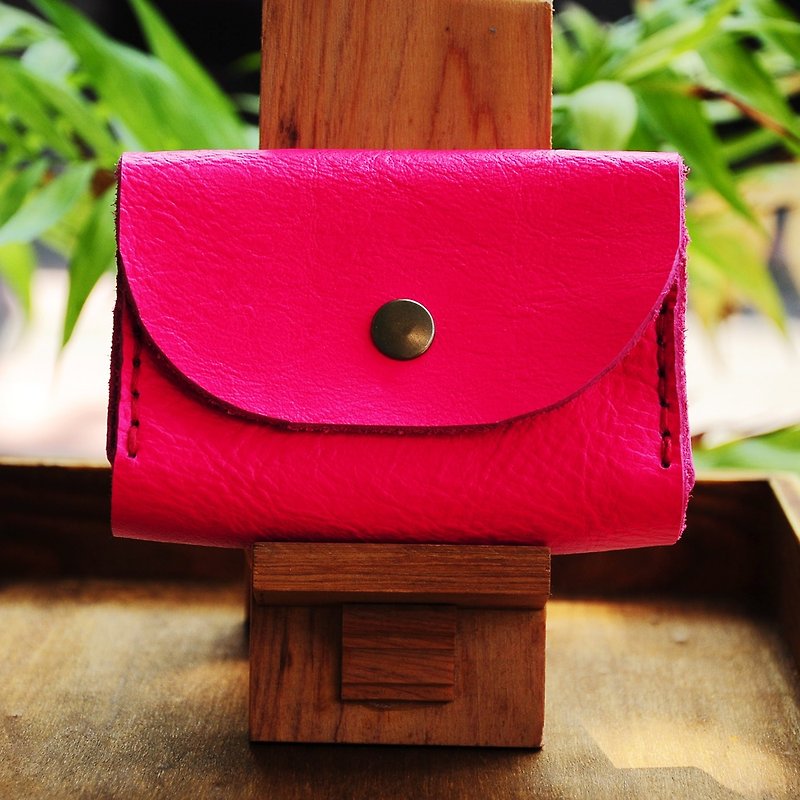 Double leather purse card - Peach colored leather - กระเป๋าใส่เหรียญ - หนังแท้ สีแดง