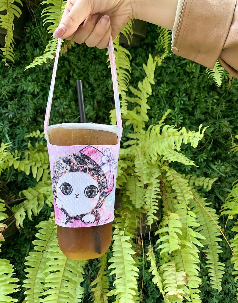Eco-friendly cup set | beverage bag | double-sided use-pink gift cat - Beverage Holders & Bags - Cotton & Hemp 
