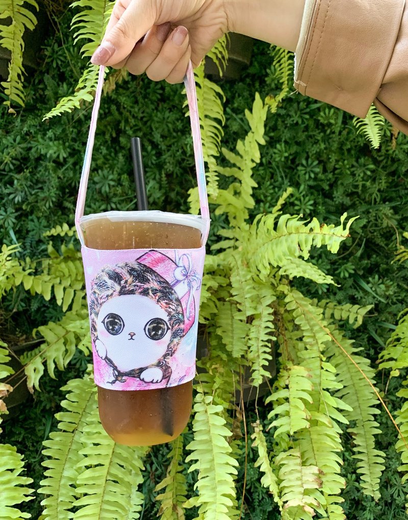 Eco-friendly cup set | beverage bag | double-sided use-pink gift cat - ถุงใส่กระติกนำ้ - ผ้าฝ้าย/ผ้าลินิน 