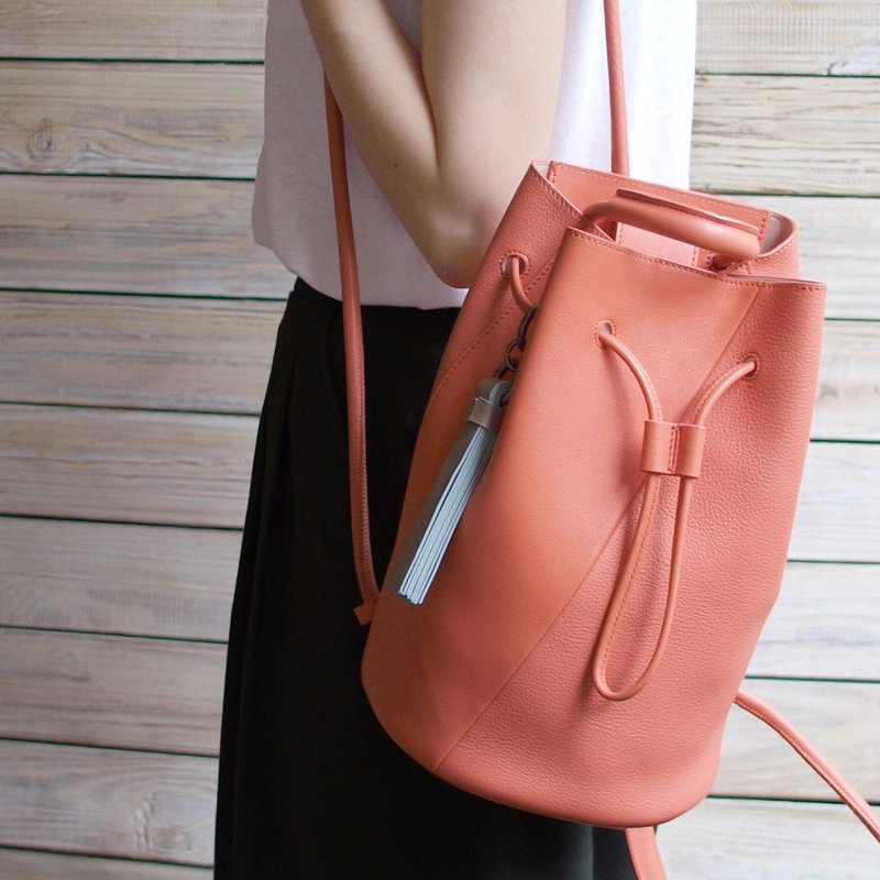 Goody Bag -Small Tangerine Bucket Bag+Tassel Set - Backpacks - Genuine Leather Orange