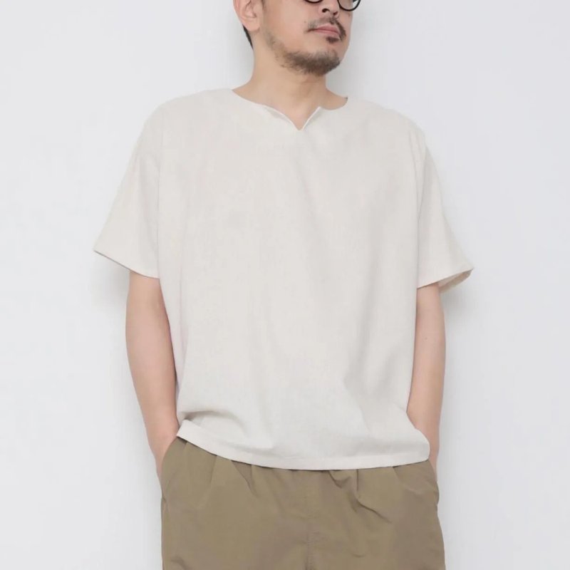 OMAKE.jp 中性鑰匙領短袖上衣OtonShirt 米白 - 男 T 恤 - 棉．麻 白色