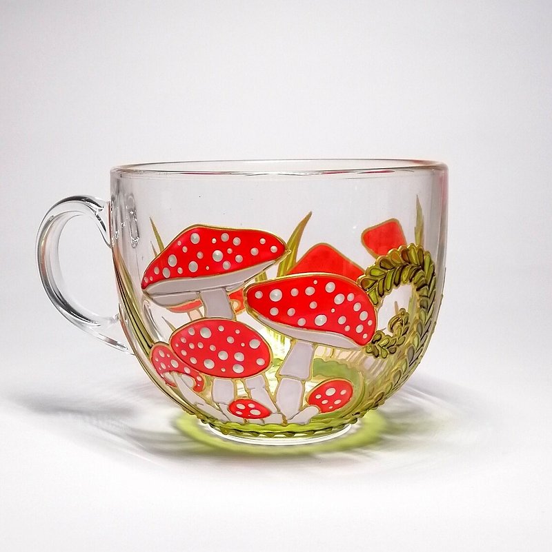 Mushroom coffee mug hand painted Toadstool glass tea cup personalised  present - Mugs - Glass Red