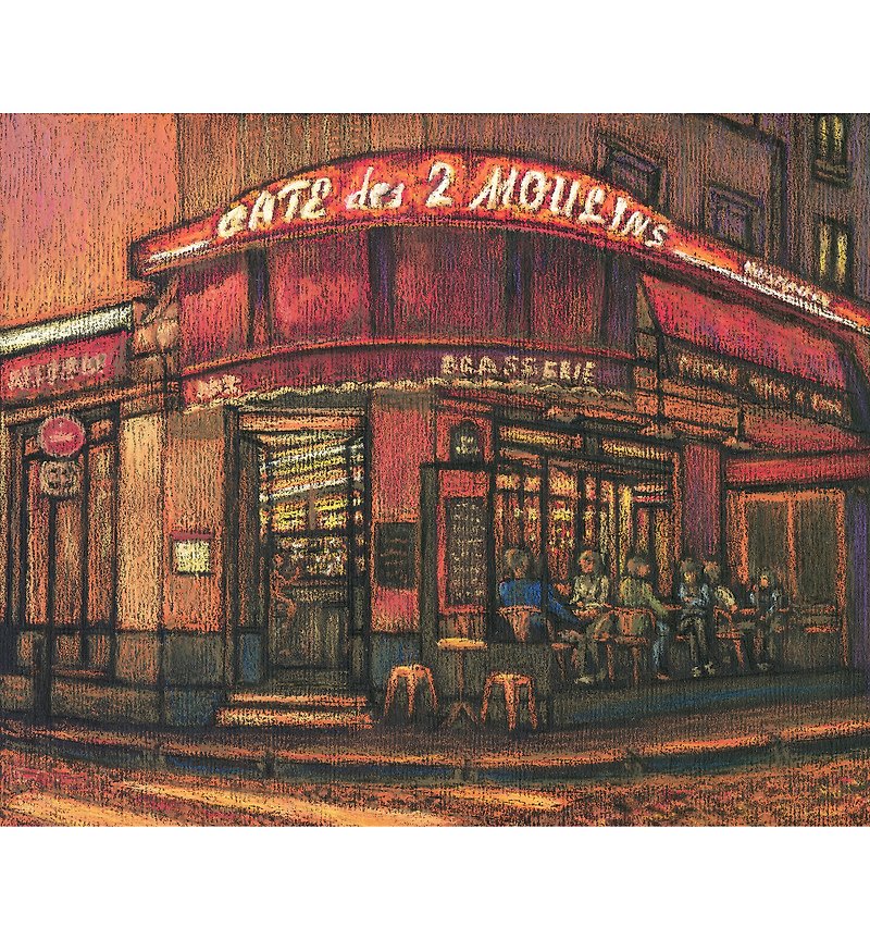 カフェ デ 2 ムーラン パリ アメリ カフェ パリ モンマルトル オリジナル オイルパステル - ポスター・絵 - その他の素材 多色