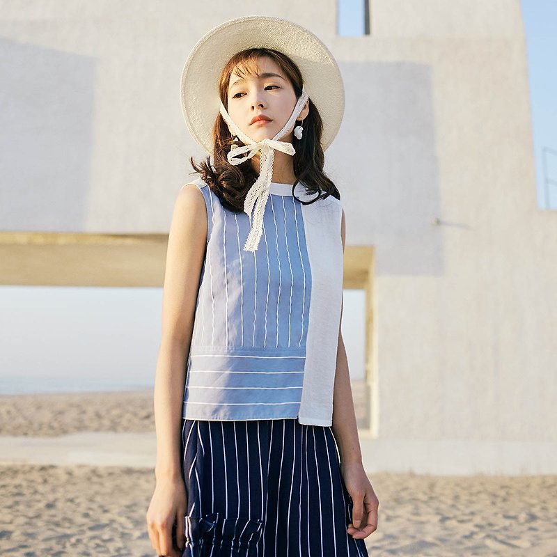 Anne Chen 2017 summer new lady hit color sleeveless shirt - เสื้อกั๊กผู้หญิง - ผ้าฝ้าย/ผ้าลินิน สีน้ำเงิน