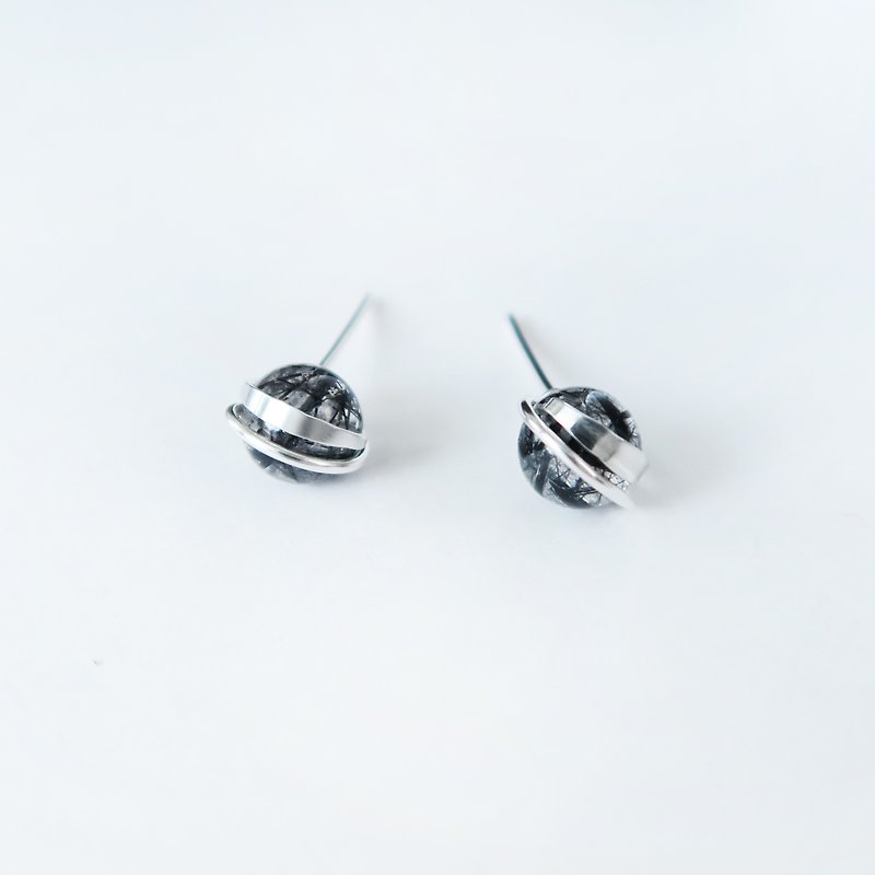 925純銀 小巧亮紋 天然黑髮晶 耳針耳環 一對 - 耳環/耳夾 - 純銀 黑色