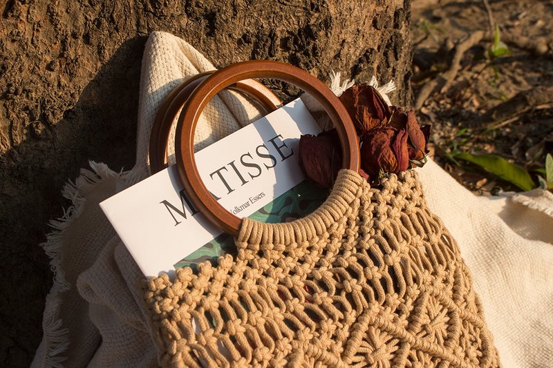 Braided Totem Wood Round Handle Tote - Handbags & Totes - Cotton & Hemp Khaki