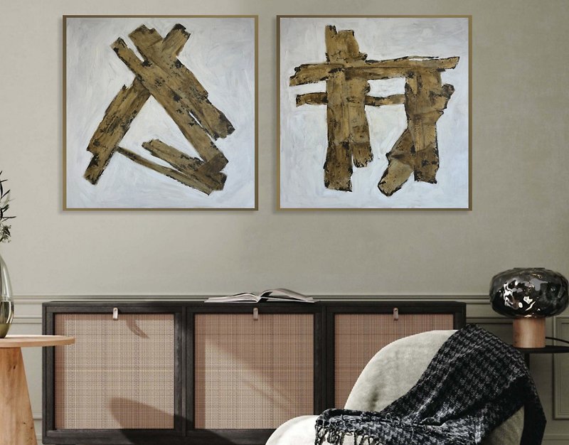 Original Set of 2 Oil Paintings Wall Hanging Art In Japandi Style Abstract Art - 牆貼/牆身裝飾 - 壓克力 咖啡色