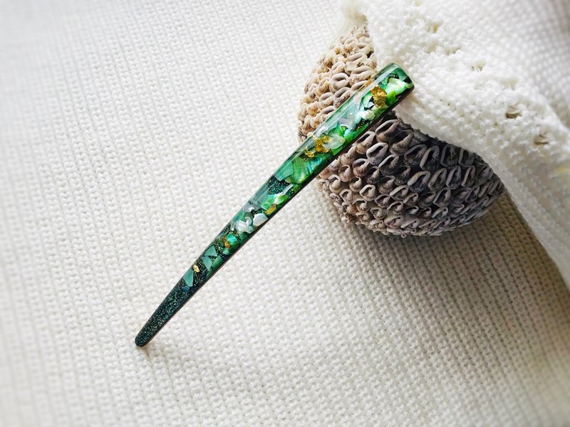 Green hair stick, Beach tropical curvy hair chopsticks, Handmade - เครื่องประดับผม - อะคริลิค สีเขียว