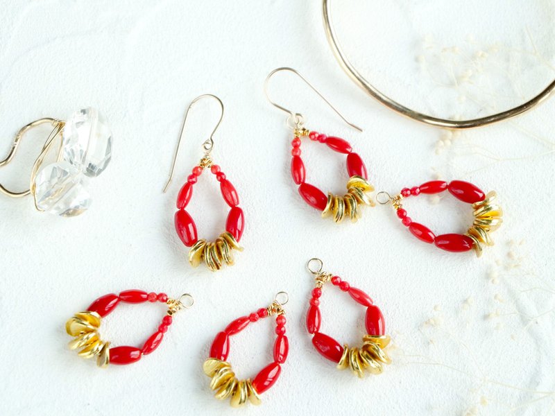 14kgf-petit red coral pierced earrings/can change to clip-on - 耳環/耳夾/耳骨夾 - 其他金屬 紅色