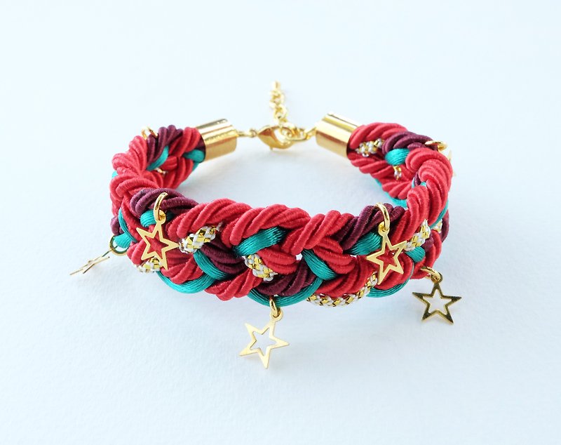 Christmas gift collection , Red/Green/Gold braided rope bracelet with stars - Bracelets - Other Materials Red